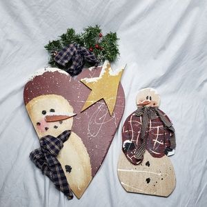 Two Large Rustic Snowman Wall Art Handpainted Wood Christmas